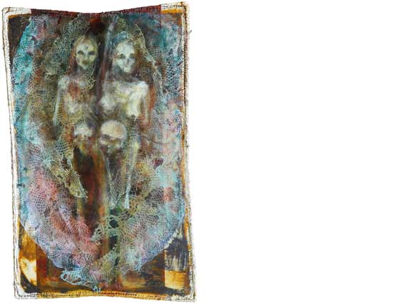 Natalija Šeruga Golob: Salve Regina, Shrouds, San Cosma E Damiano, large-scale painting. (In the artwork Salve Regina artist Natalija Šeruga Golob visually and metaphorically represent the Uroboros as a symbol for the integration and assimilation of the opposite. At the same time the Uroboros could be a symbol of immortality, since it is said of the Uroboros that he slays himself and brings himself to life, fertilizes himself and gives birth to himself.)