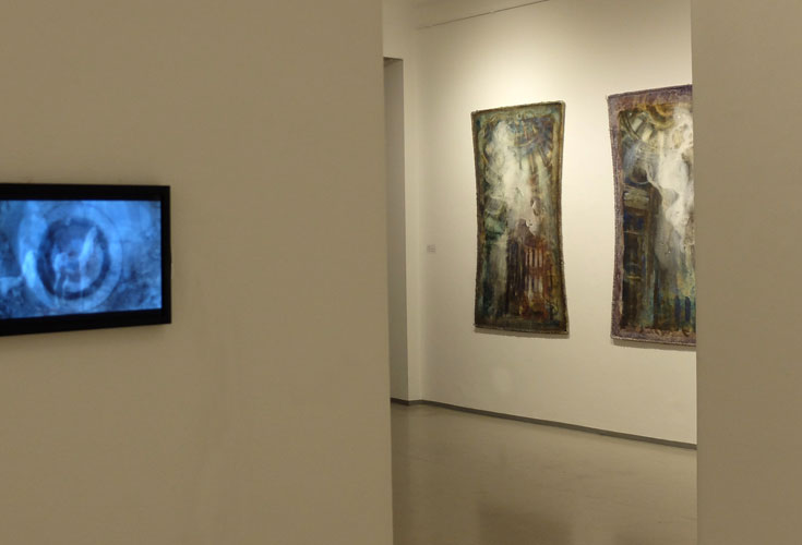 Photo 3 of the painting exhibition From the Collection of W. B Protocol (Presence of J. P.)  by artist Natalija Šeruga Golob. The paintings on exhibition were dedicated to the German philosopher Walter Benjamin.